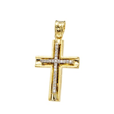 Γυναικείος μοντέρνος βαπτιστικός Σταυρός από χρυσό 14 Καρατίων και ζιργκόν