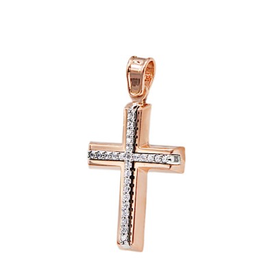 Μοντέρνος γυναικείος  βαπτιστικός Σταυρός,από ροζ χρυσό 14 Καρατίων και ζιργκόν