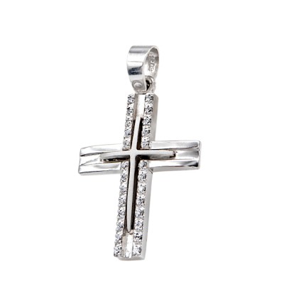 Γυναικείος λευκόχρυσος Σταυρός 14 Καρατίων με ζιργκόν