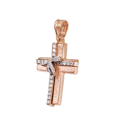 Γυναικείος μοντέρνος Σταυρός από ροζ χρυσό 14 Καρατίων και ζιργκόν