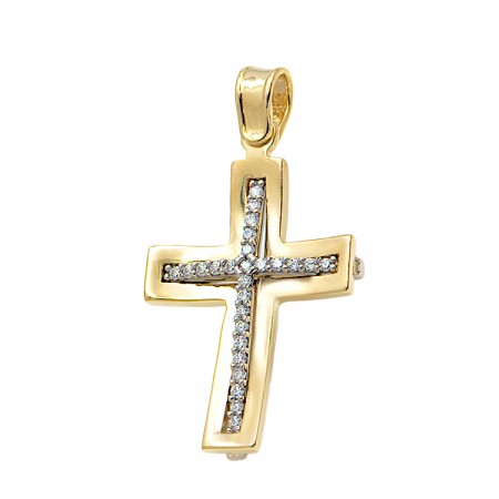 Γυναικείος σταυρός από κίτρινο και λευκό χρυσό στα 14 καράτια με ζιργκόν