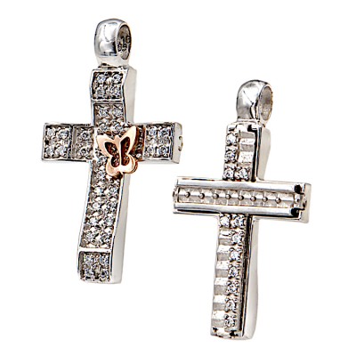 Γυναικείος βαπτιστικός σταυρός δύο όψεων από λευκόχρυσο 14Κ και ζιργκόν